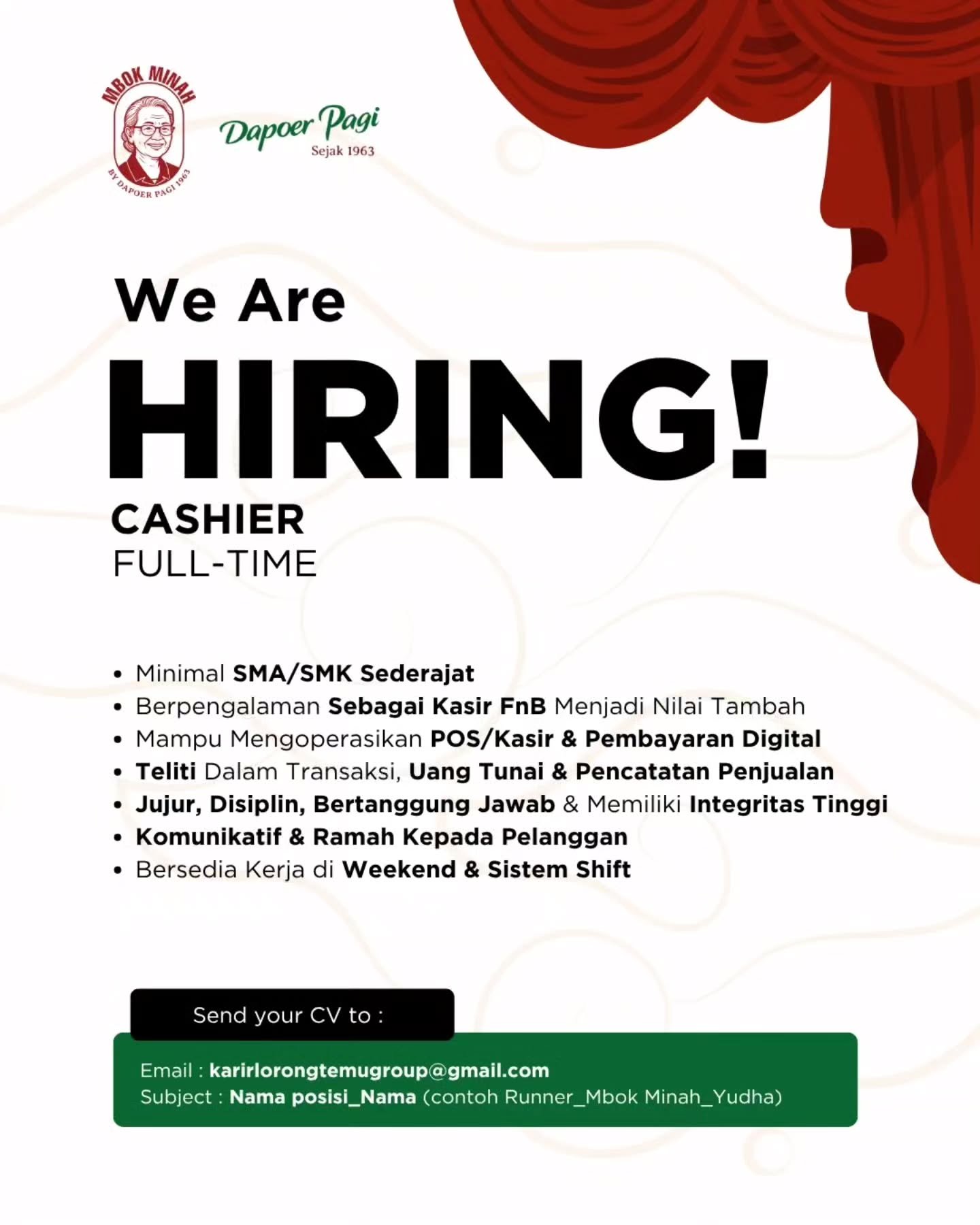 Lowongan Cashier — Dapoer Pagi (Mbok Minah Dapoer Pagi)